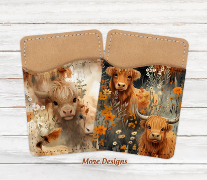 Highland Cow Design Phone Wallet - Adhesive PU Leather Card Holder For Phone  - Custom Gift - Stick on Pocket - Card Caddy