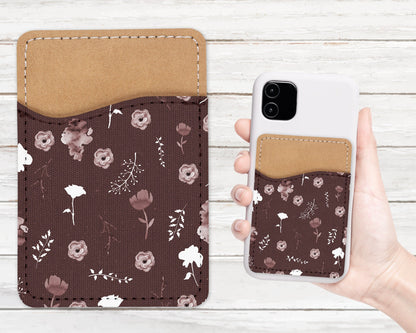 Flower Pattern Phone Wallet - Adhesive PU Leather Card Holder For Phone  - Custom Gift - Stick on Pocket - Card Caddy