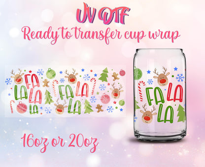 UV DTF Ready to Transfer Cup Wraps - Fa La La Christmas Design DIY 16oz and 20oz Prints - Libbey Glass Can - Customizable