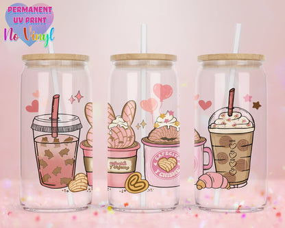 UVDTF Customized Glass Cup 16oz - Bunny Cafecito y Chisme Design - Clear or Frosted - Bamboo Lid - Customized Gifts
