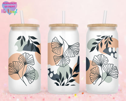 UVDTF Customized Glass Cup 16oz - Abstract Leaves Design - Clear or Frosted - Bamboo Lid - Customized Gifts