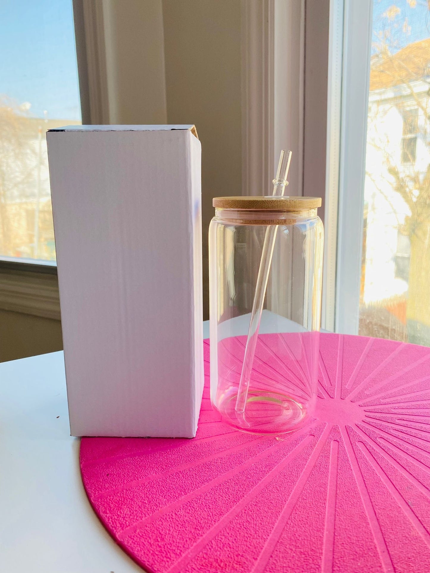Blank Sublimation Beer Can Glass - Blank 16oz Glass - Soda Can Cup with Bamboo Lid and Straw - Tempered Borosilicate Glass