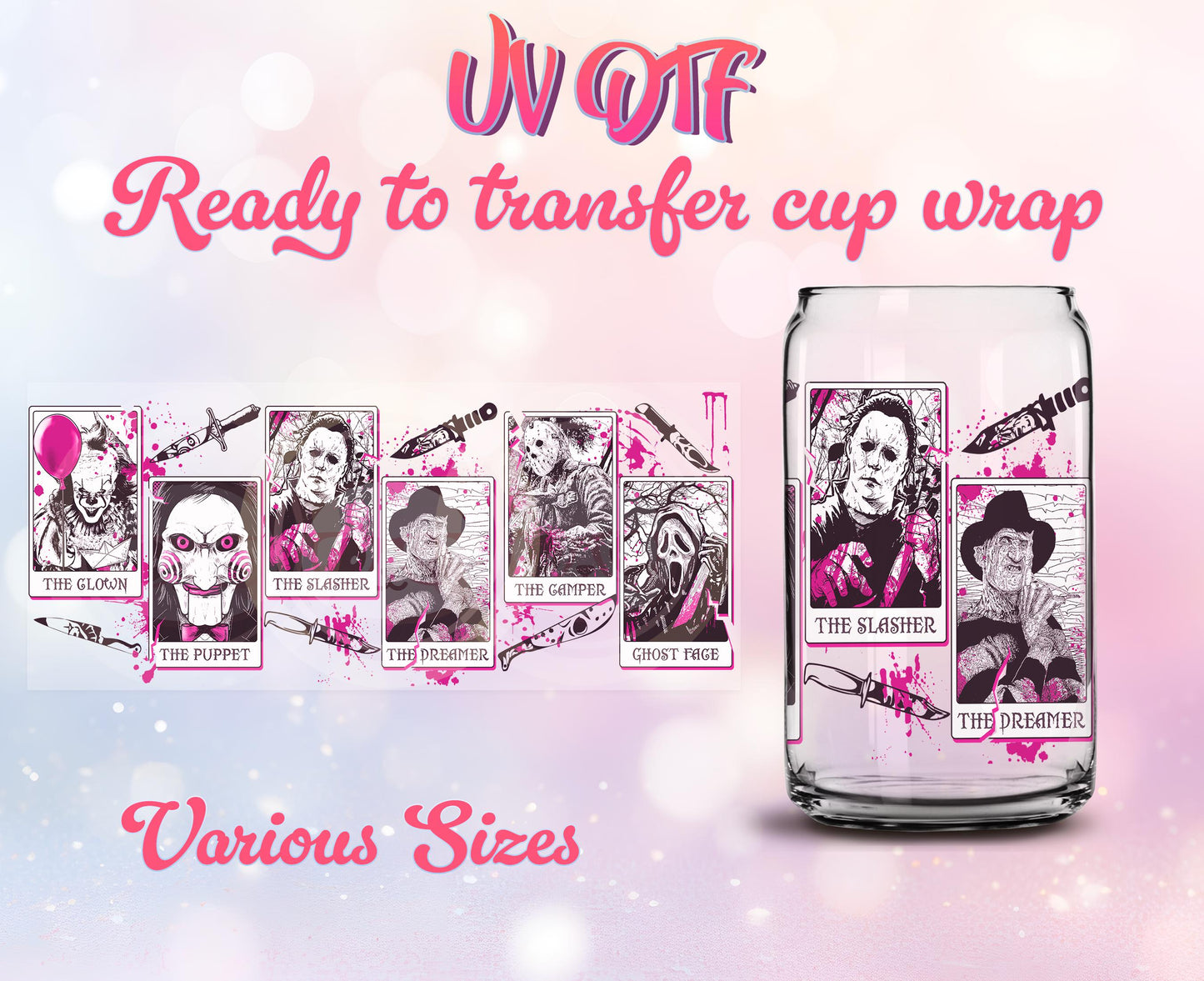 UV DTF Cup Wrap - Ready to Transfer  Halloween - Pink Horror Figures Design DIY 16oz and 20oz Prints - Libbey Glass Can - Customizable