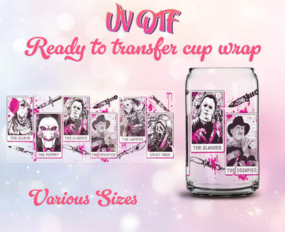 UV DTF Cup Wrap - Ready to Transfer  Halloween - Pink Horror Figures Design DIY 16oz and 20oz Prints - Libbey Glass Can - Customizable