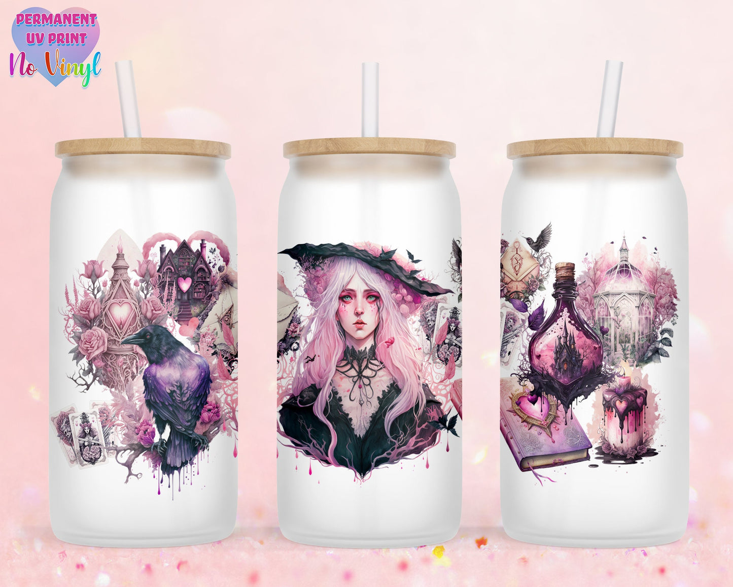 UVDTF Customized Glass Cup 16oz - Witch in Pink Design - Bamboo Lid - Customized Gifts