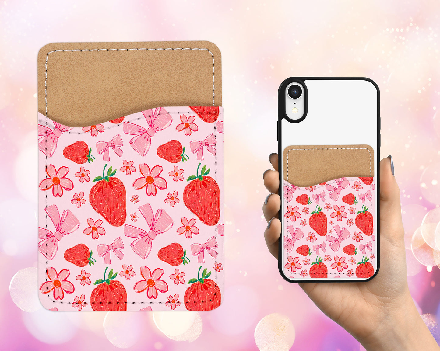 Strawberry Flowers Phone Wallet - Adhesive PU Leather Card Holder for Phone - Custom Gift - Stick on Pocket - Card Caddy