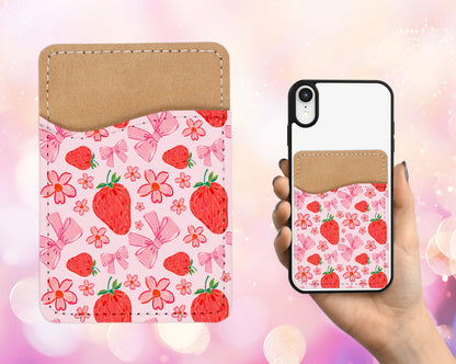 Strawberry Flowers Phone Wallet - Adhesive PU Leather Card Holder for Phone - Custom Gift - Stick on Pocket - Card Caddy