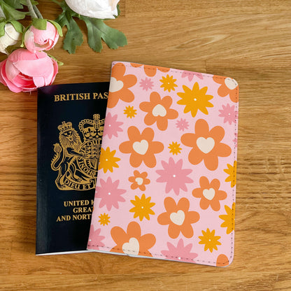 Retro Groovy Flower Design Passport Cover - 70s 80s PU Leather Wallet Card Holder For Document - Custom Gift