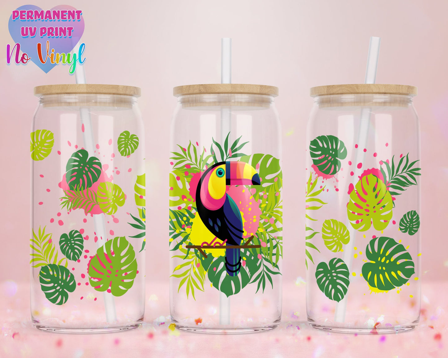 UVDTF Customized Glass Cup 16oz - Toucan Tropical Design - Clear or Frosted - Bamboo Lid - Customized Gifts