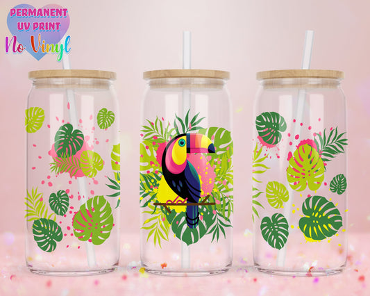 UVDTF Customized Glass Cup 16oz - Toucan Tropical Design - Clear or Frosted - Bamboo Lid - Customized Gifts