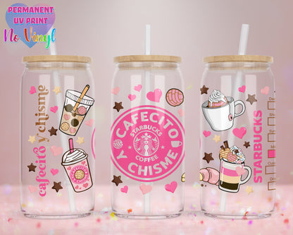 UVDTF Customized Glass Cup 16oz - Cafecito y Chisme Design - Clear or Frosted - Bamboo Lid - Customized Gifts