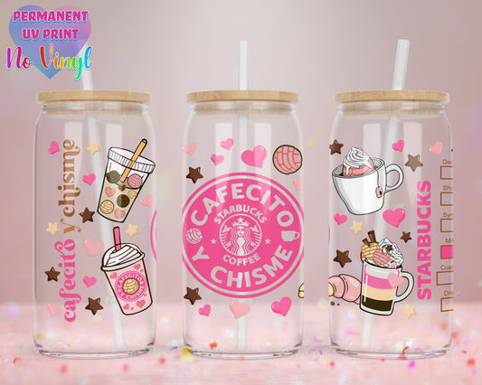 UVDTF Customized Glass Cup 16oz - Cafecito y Chisme Design - Clear or Frosted - Bamboo Lid - Customized Gifts