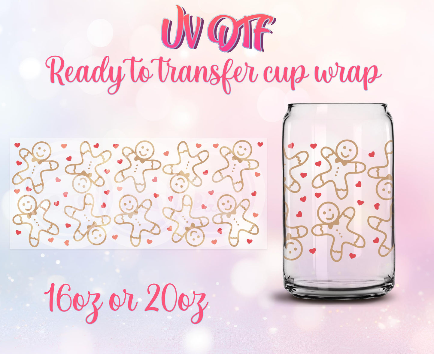 UV DTF Ready to Transfer Cup Wraps - Cute Christmas Design DIY 16oz and 20oz Prints - Libbey Glass Can - Customizable