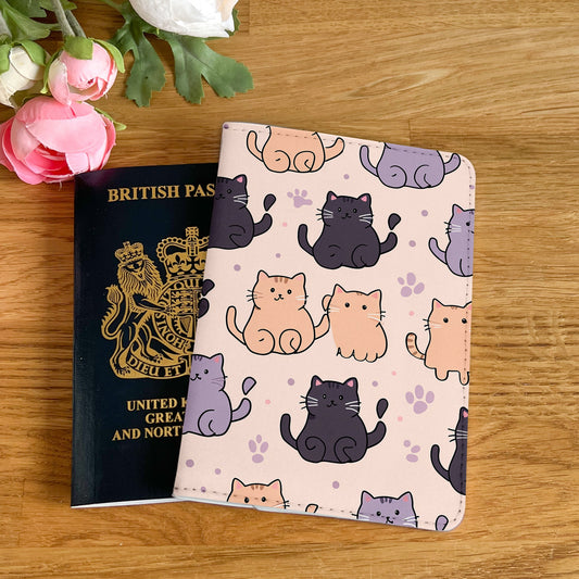 Cute Cat Pattern Design Passport Cover -  PU Leather Wallet Card Holder For Document - Custom Gift