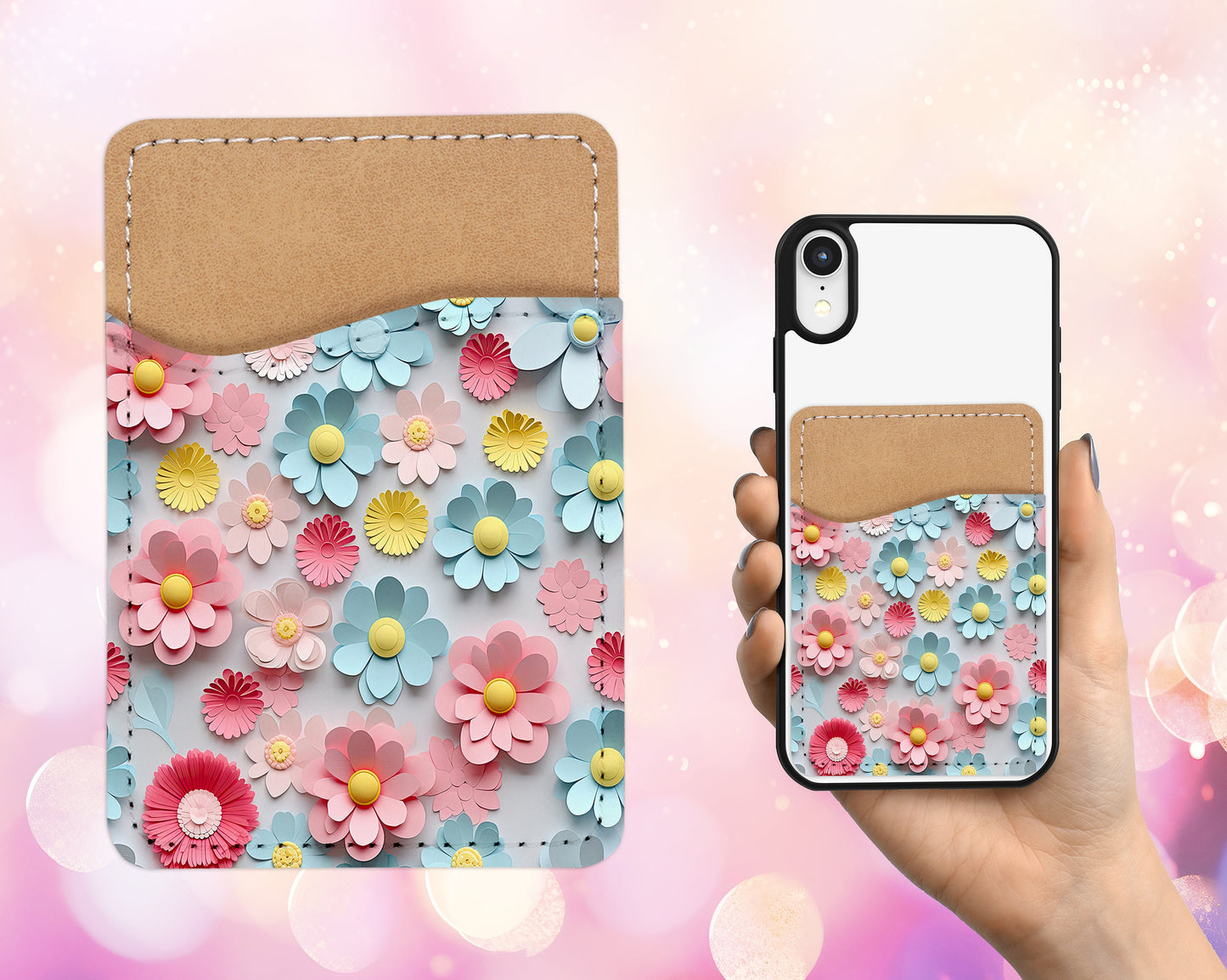 3D Flower Design Phone Wallet - Pastels Adhesive PU Leather Card Holder For Phone - Custom Gift - Stick on Pocket - Card Caddy