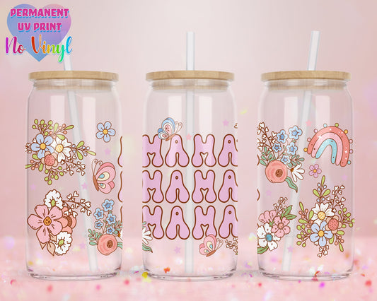 UVDTF Customized Glass Cup 16oz - Mama Mama Mama Floral Design - Clear or Frosted - Bamboo Lid - Customized Gifts