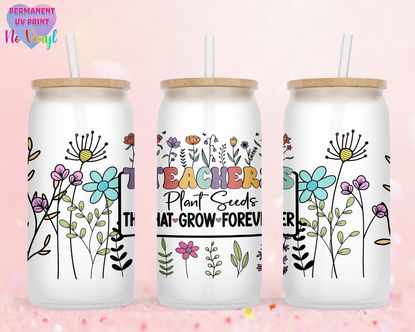 UVDTF Customized Glass Cup 16oz - Teacher Design - Clear or Frosted - Bamboo Lid - Customized Gifts