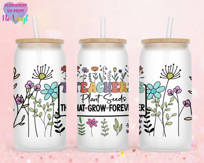 UVDTF Customized Glass Cup 16oz - Teacher Design - Clear or Frosted - Bamboo Lid - Customized Gifts