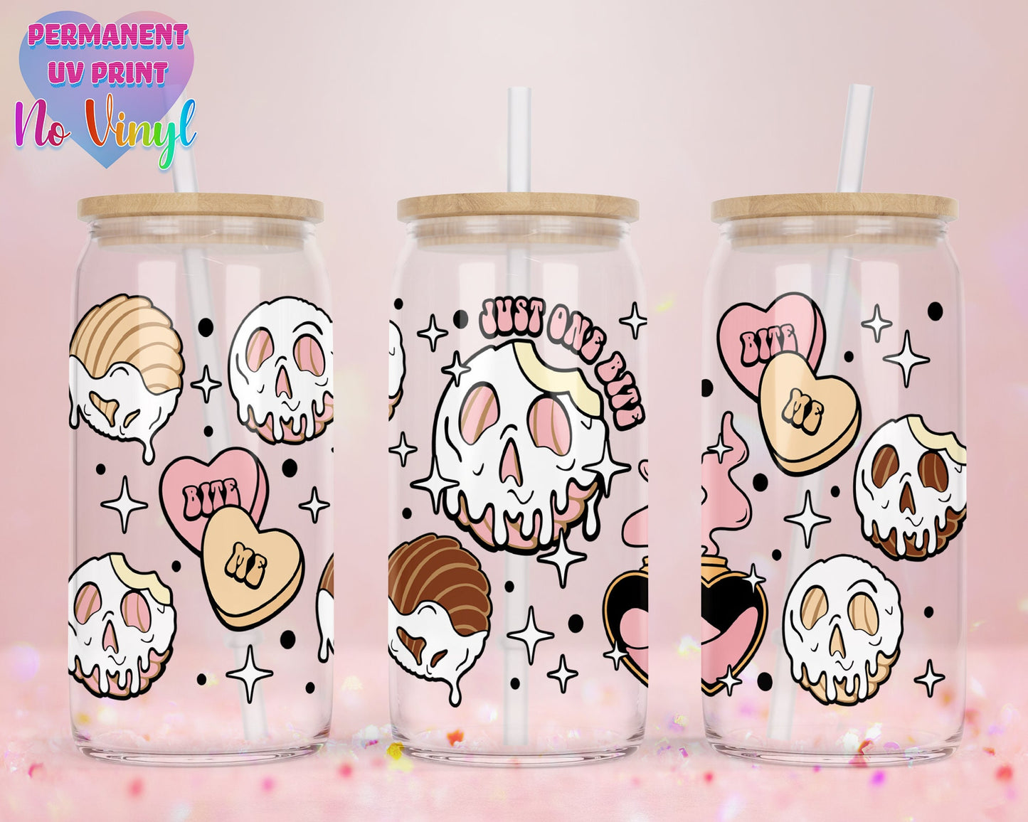 UVDTF Customized Glass Cup 16oz - Poison Concha Design - Clear or Frosted - Bamboo Lid - Customized Gifts