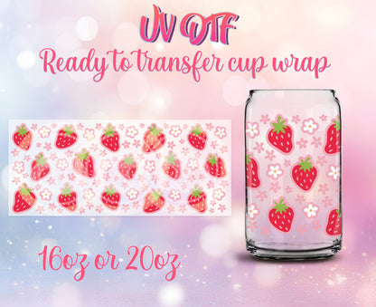 UV DTF Cup Wrap - Ready to Transfer  Strawberries and Daisies DIY 16oz and 20oz Prints - Libbey Glass Can - Customizable